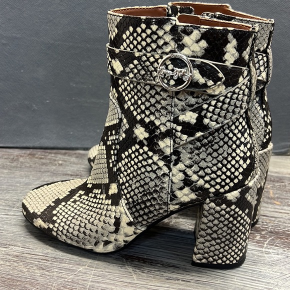 Coach Elisa Leather Ankle Bootie Boots In Faux Snakeskin and COACH Logo Buckle. - Picture 2 of 13